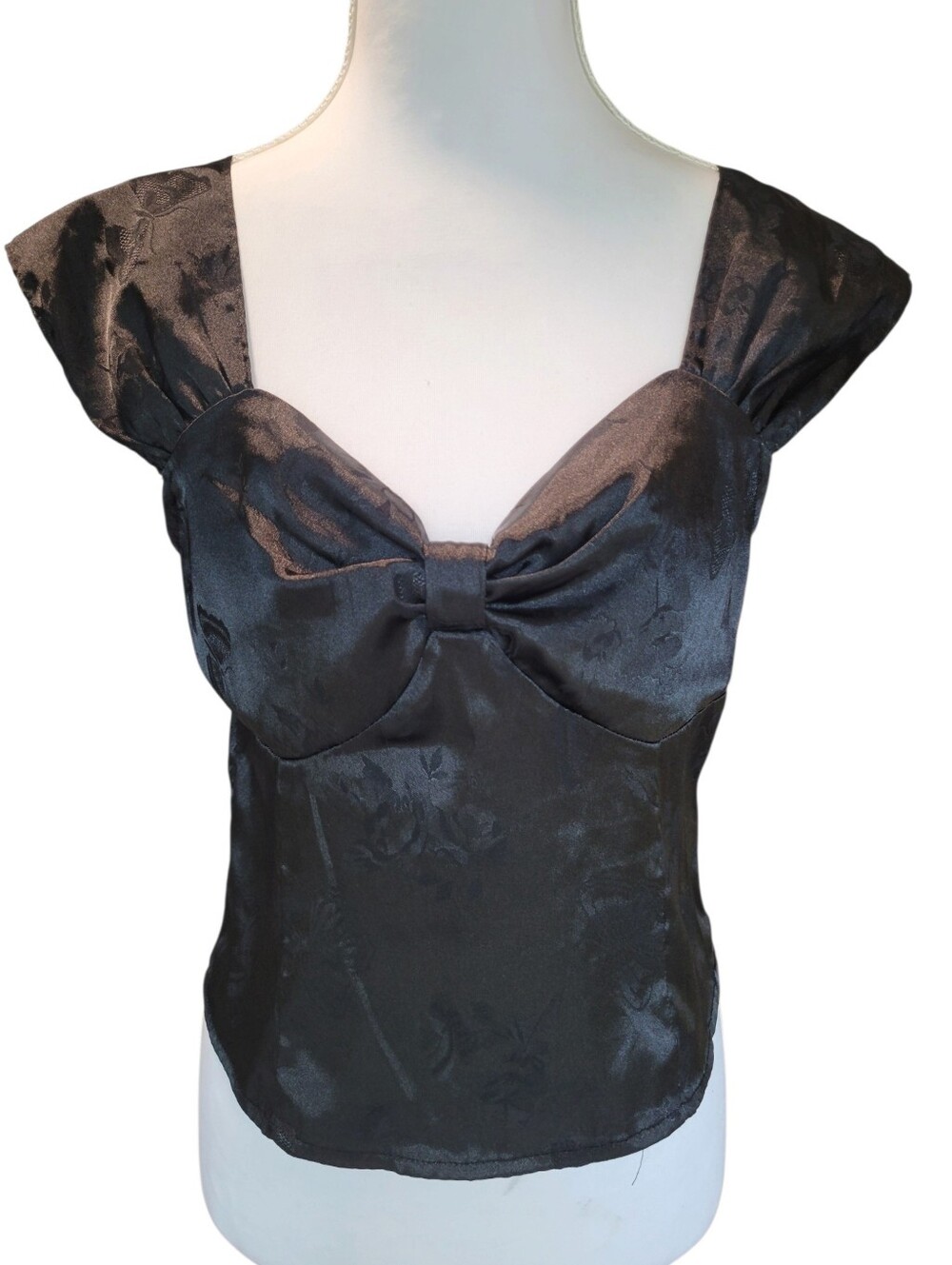 Simple Retro Black Silky Smocked Blouse With Floral Butterfly Pattern